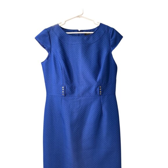 Tahari Arthur S. Levine Blue Textured Cap Sleeve Sheath Dress S 14 Pre-Own EUC - Picture 3 of 6